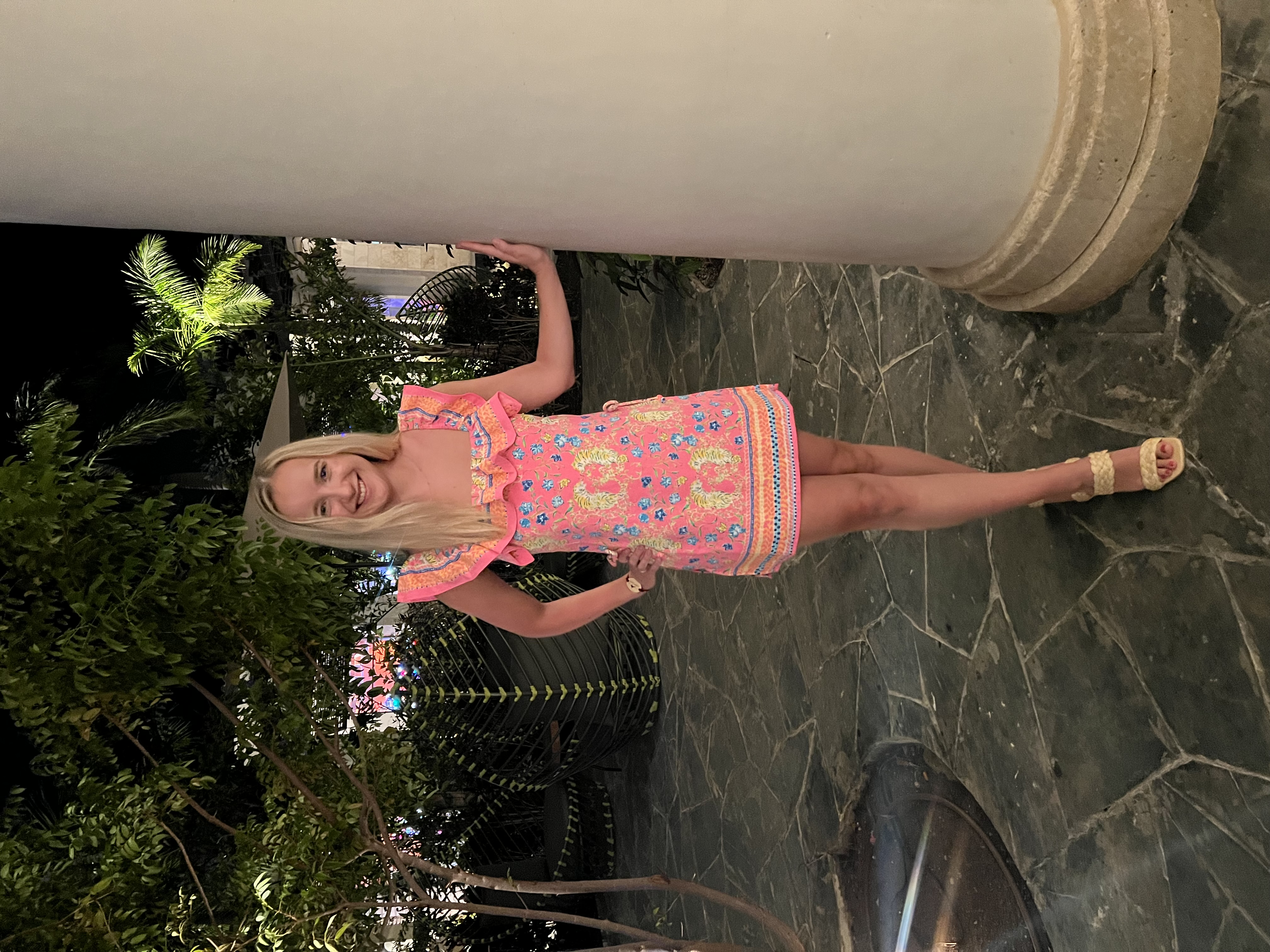 Christine wearing a Lilly Pulitzer print out for the evening